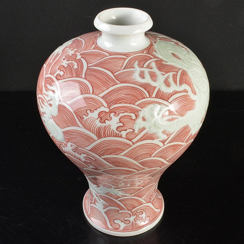 台湾 蔡曉芳 暁芳窯 赤絵龍波文 梅瓶 D 6086E